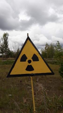 Značka radiace - v pozadí červený les